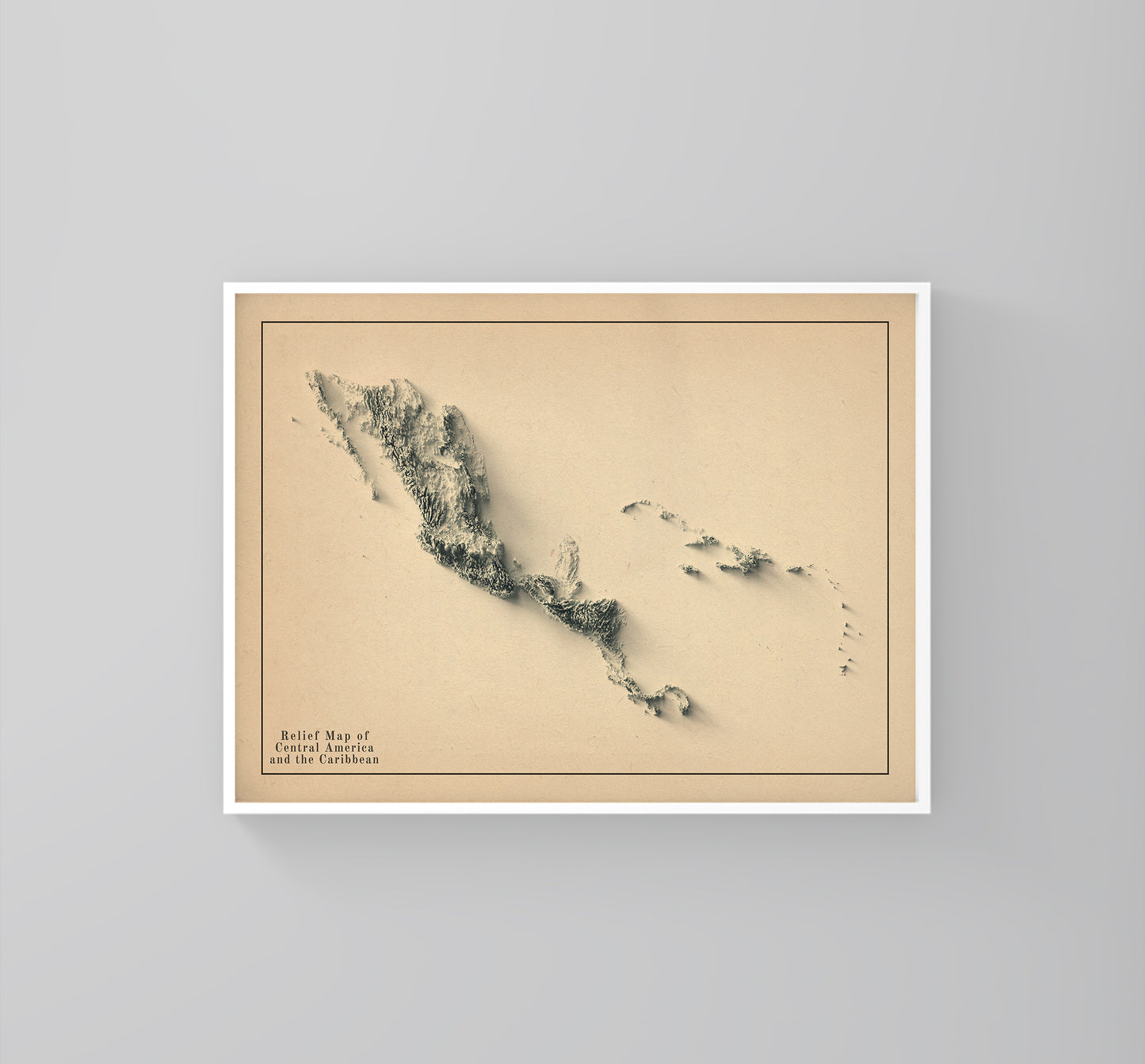 Central America and Caribbean vintage framed shaded relief map in white frame. Artistic print highlighting mountains with a realistic 3d effect