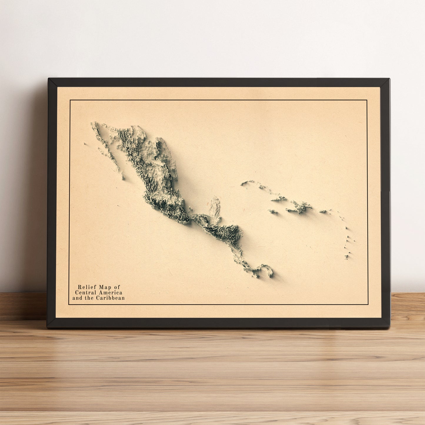 Central America vintage framed shaded relief map in black frame. Artistic print highlighting mountains with a realistic terrain effect