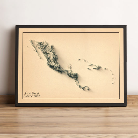 Central America vintage framed shaded relief map in black frame. Artistic print highlighting mountains with a realistic terrain effect