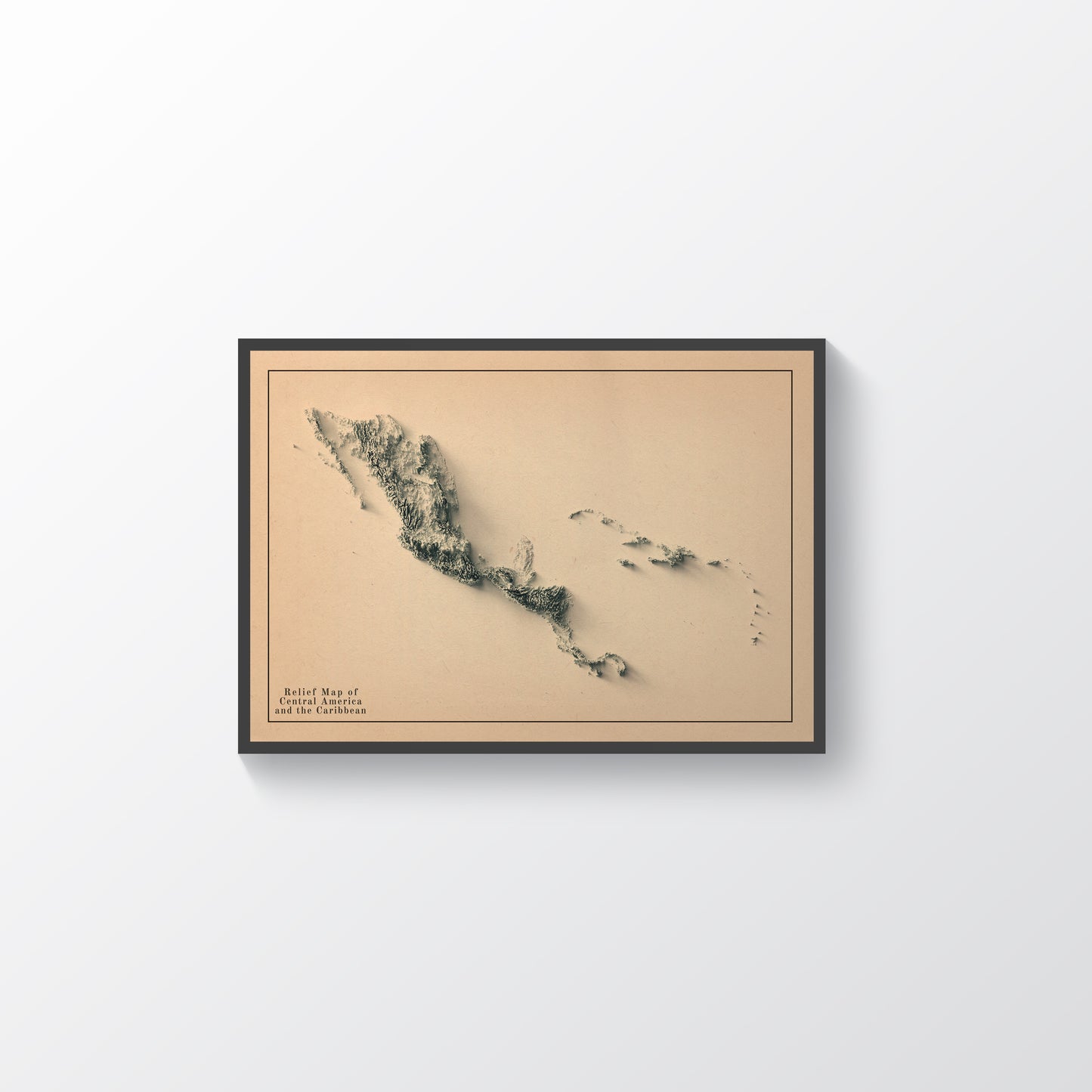 Central America vintage framed shaded relief map in black frame. Artistic print highlighting mountains with a realistic terrain effect