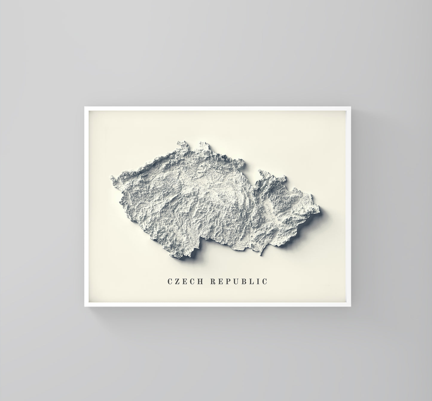 Czech Republic framed shaded relief map in white frame. Artistic print highlighting mountains with a realistic 3d effect