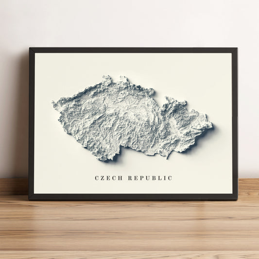 Czech Republic framed shaded relief map in black frame. Artistic print highlighting mountains with a realistic terrain effect