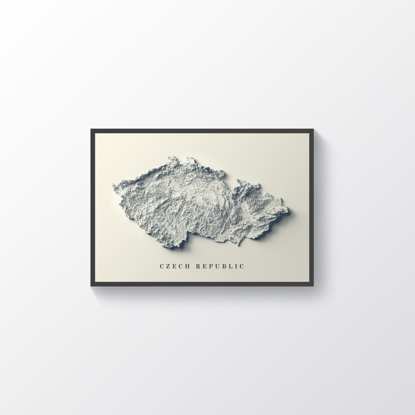 Czech Republic framed shaded relief map in black frame. Artistic print highlighting mountains with a realistic terrain effect