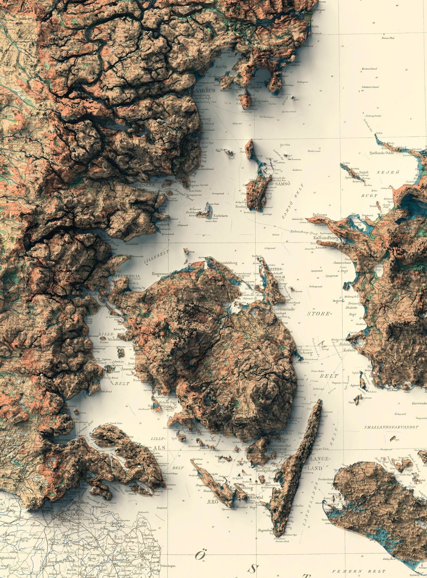 Detailed close-up of a vintage Denmark map, showcasing textured topography and geographic contours
