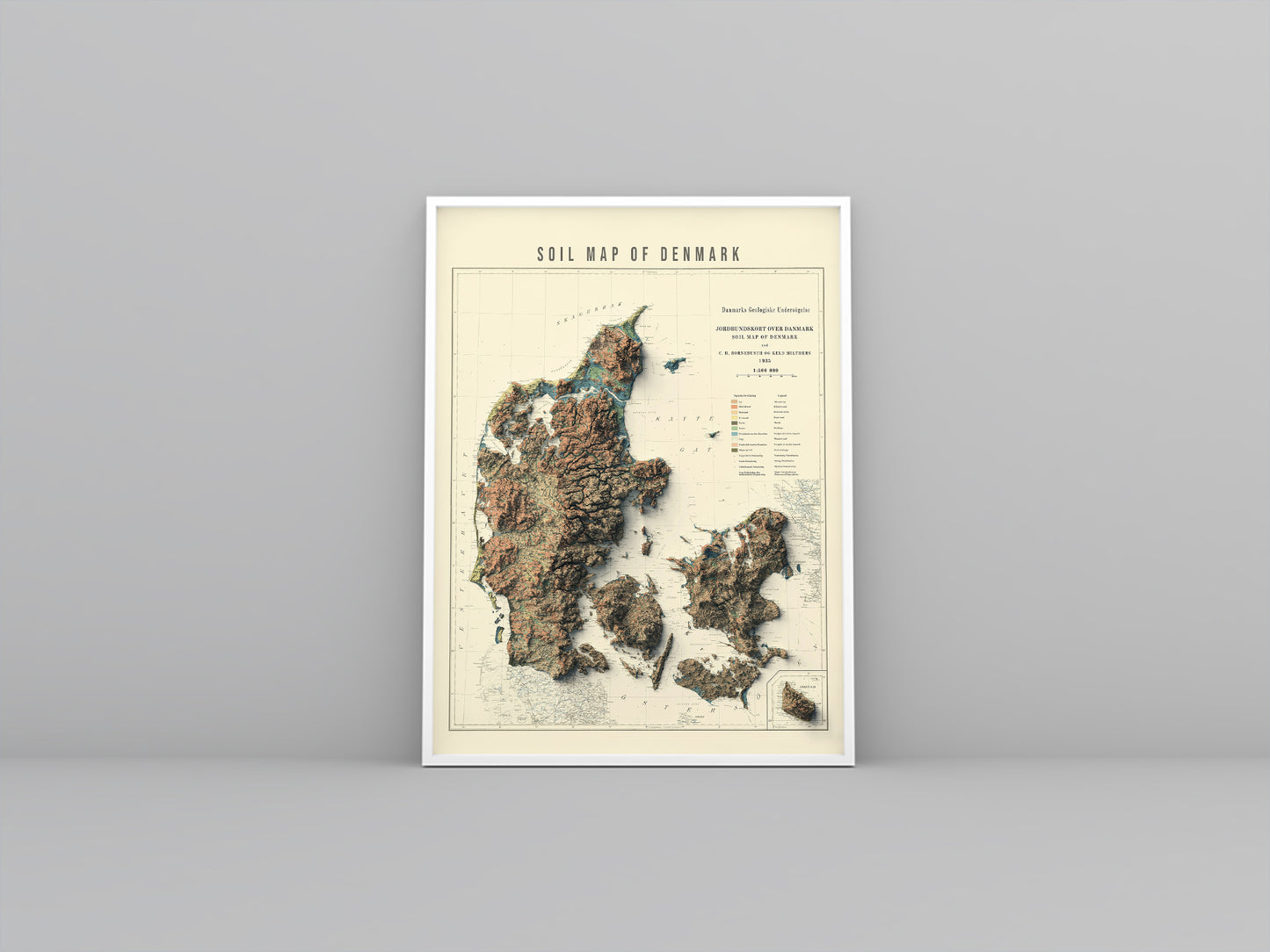 Denmark vintage framed shaded relief map in white frame. Artistic print highlighting mountains with a realistic 3d effect