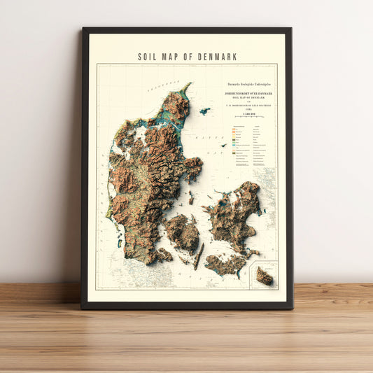 Denmark vintage framed shaded relief map in black frame. Artistic print highlighting mountains with a realistic terrain effect
