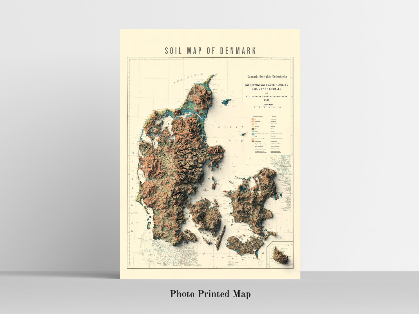 Denmark Shaded relief map print, highlighting topography. Ideal for home decor and geography lovers