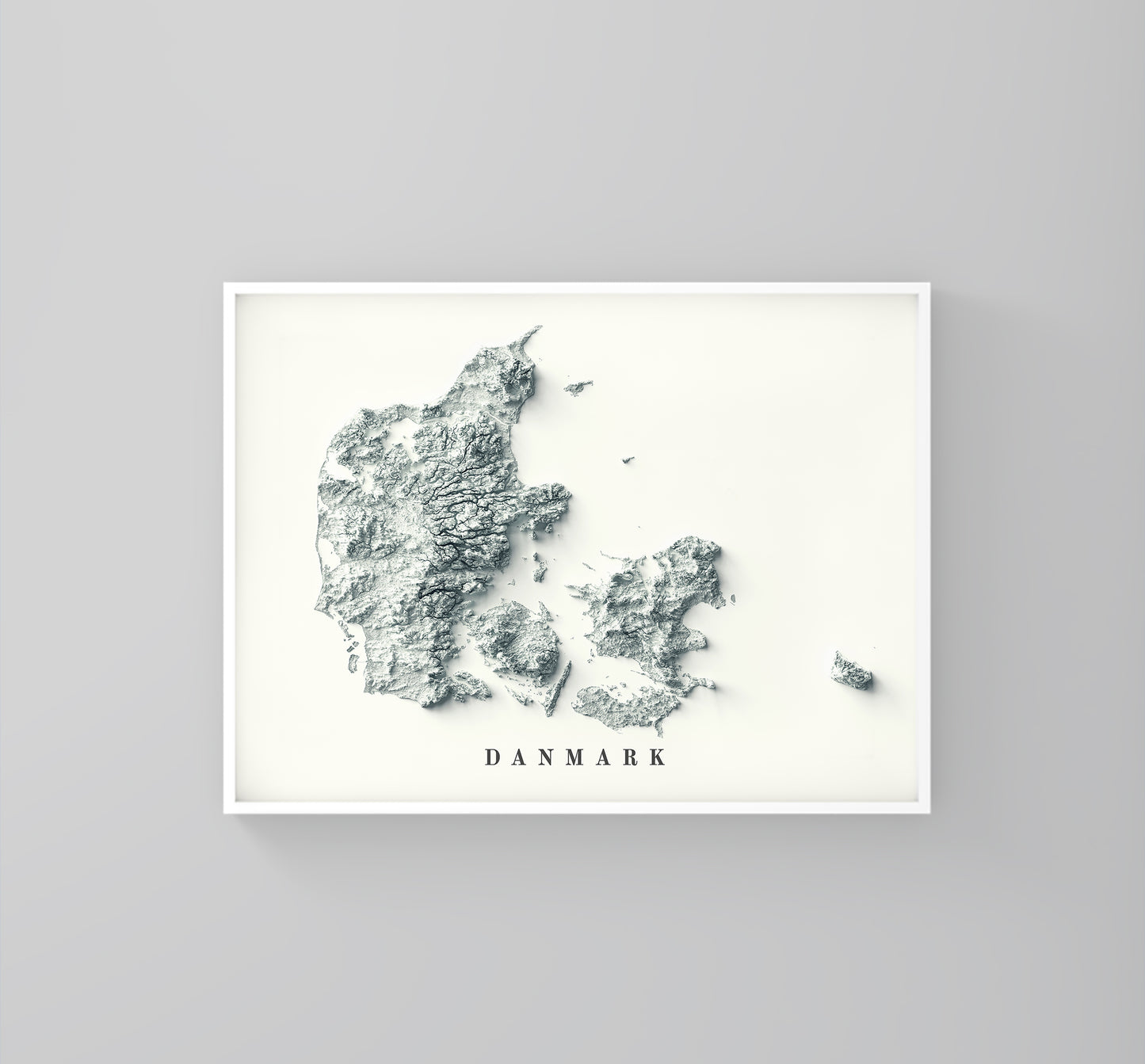 Denmark vintage framed shaded relief map in white frame. Artistic print highlighting mountains with a realistic 3d effect