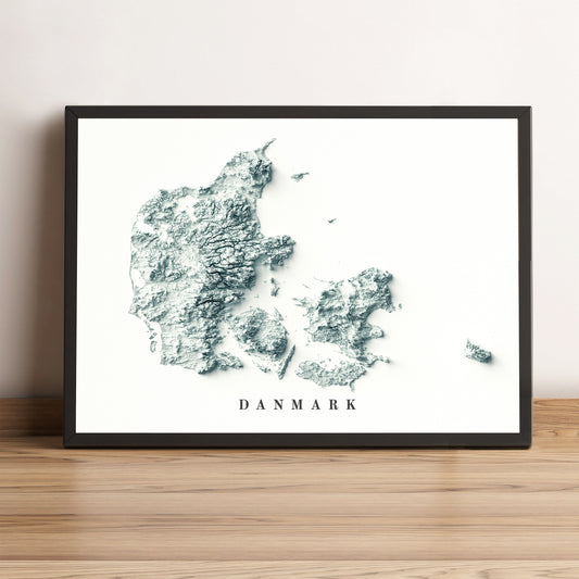 Denmark framed shaded relief map in black frame. Artistic print highlighting mountains with a realistic terrain effect