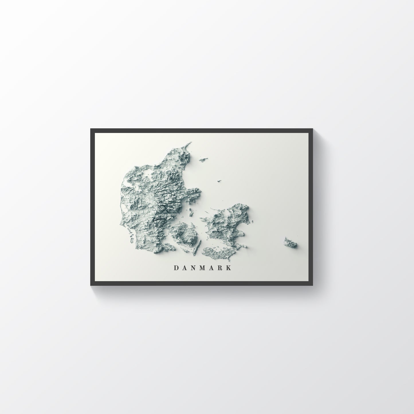 Denmark vintage framed shaded relief map in black frame. Artistic print highlighting mountains with a realistic terrain effect
