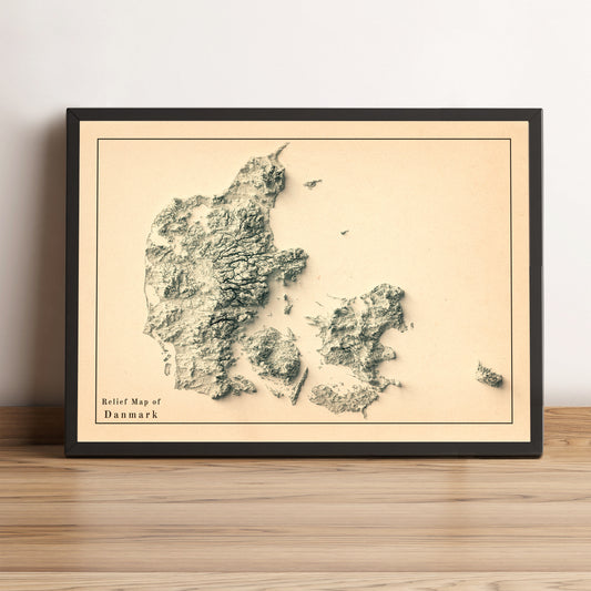 Denmark vintage framed shaded relief map in black frame. Artistic print highlighting mountains with a realistic terrain effect