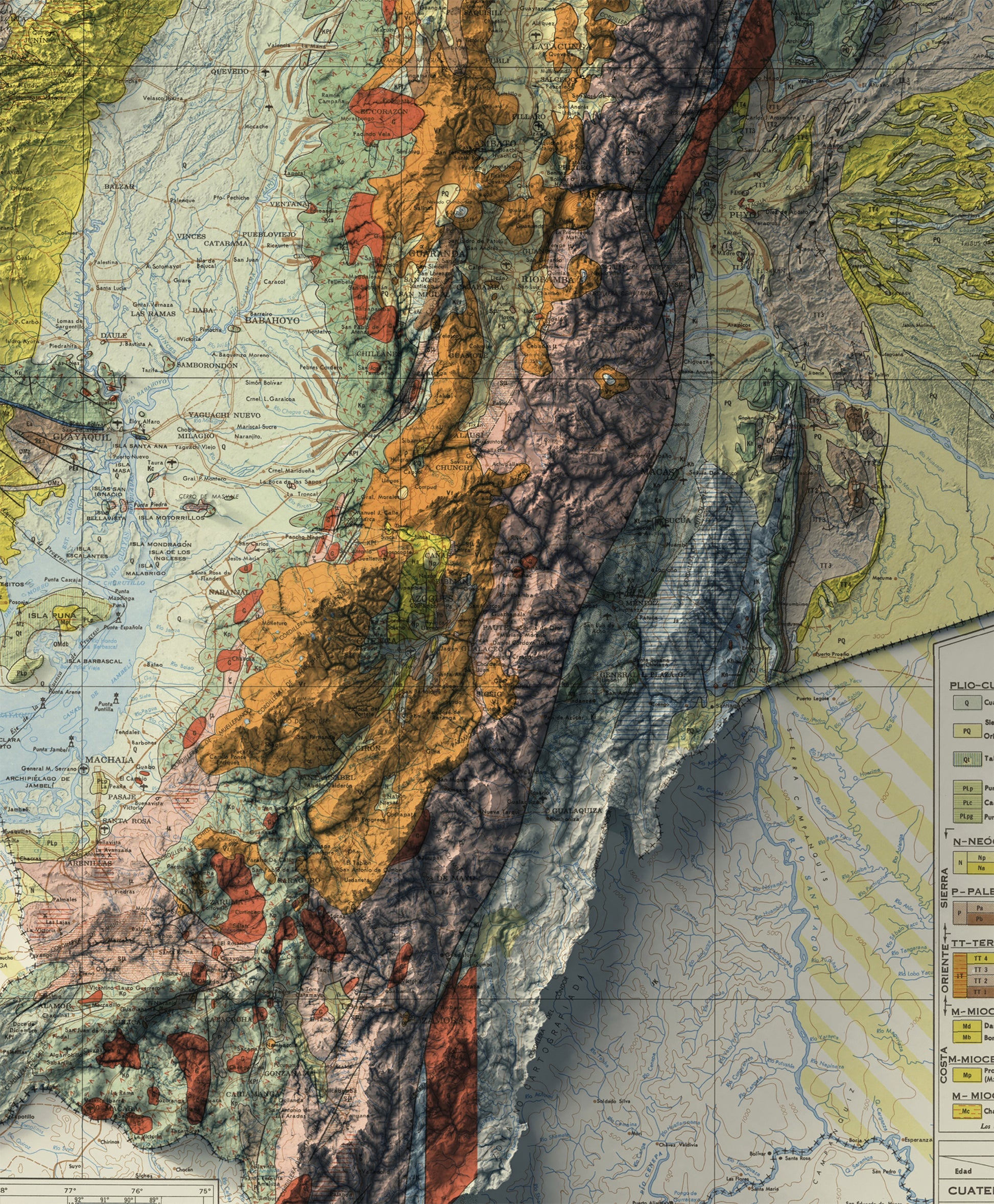 Detailed close-up of a vintage Ecuador map, showcasing textured topography and geographic contours