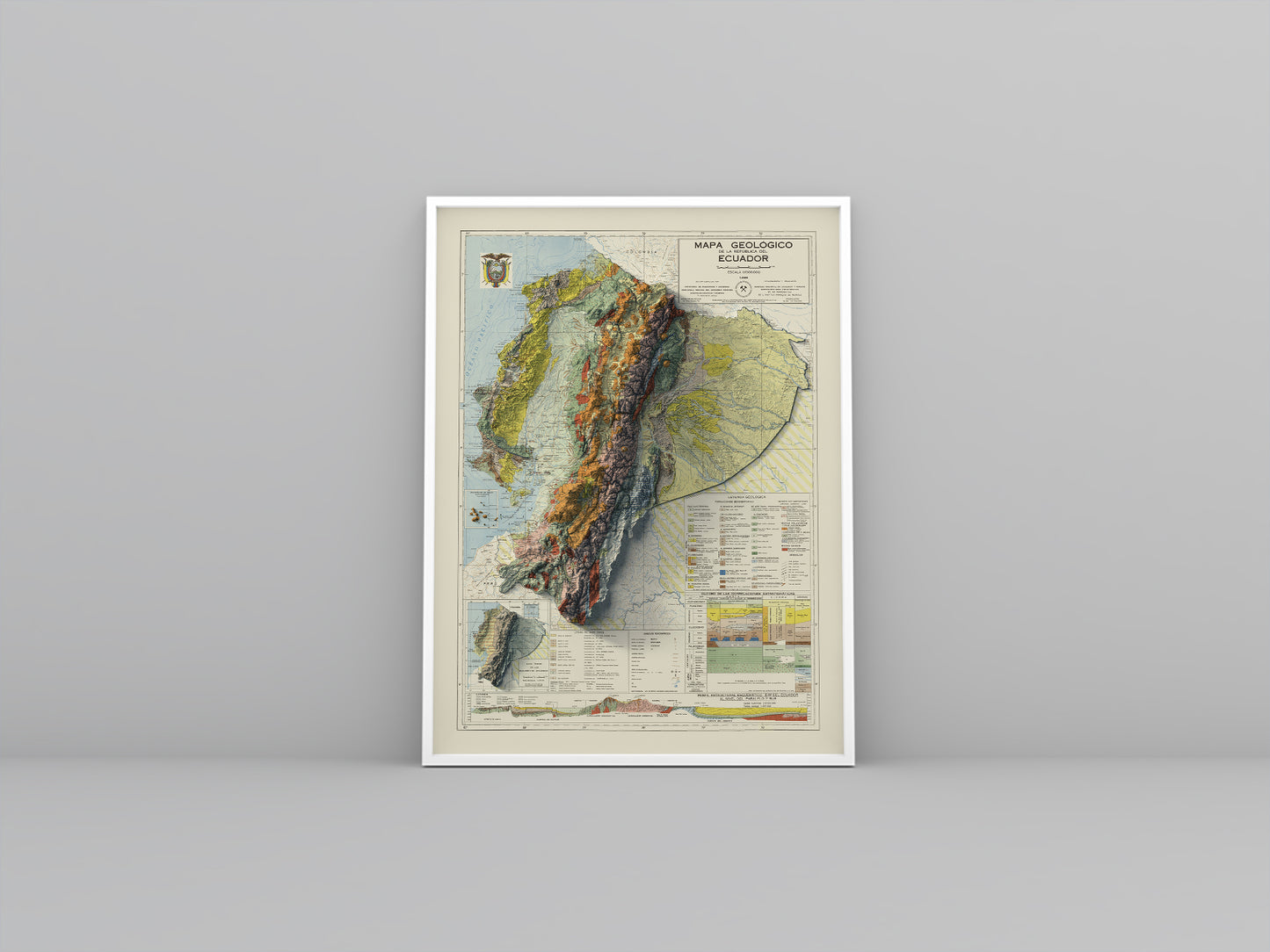 Ecuador vintage framed shaded relief map in white frame. Artistic print highlighting mountains with a realistic 3d effect