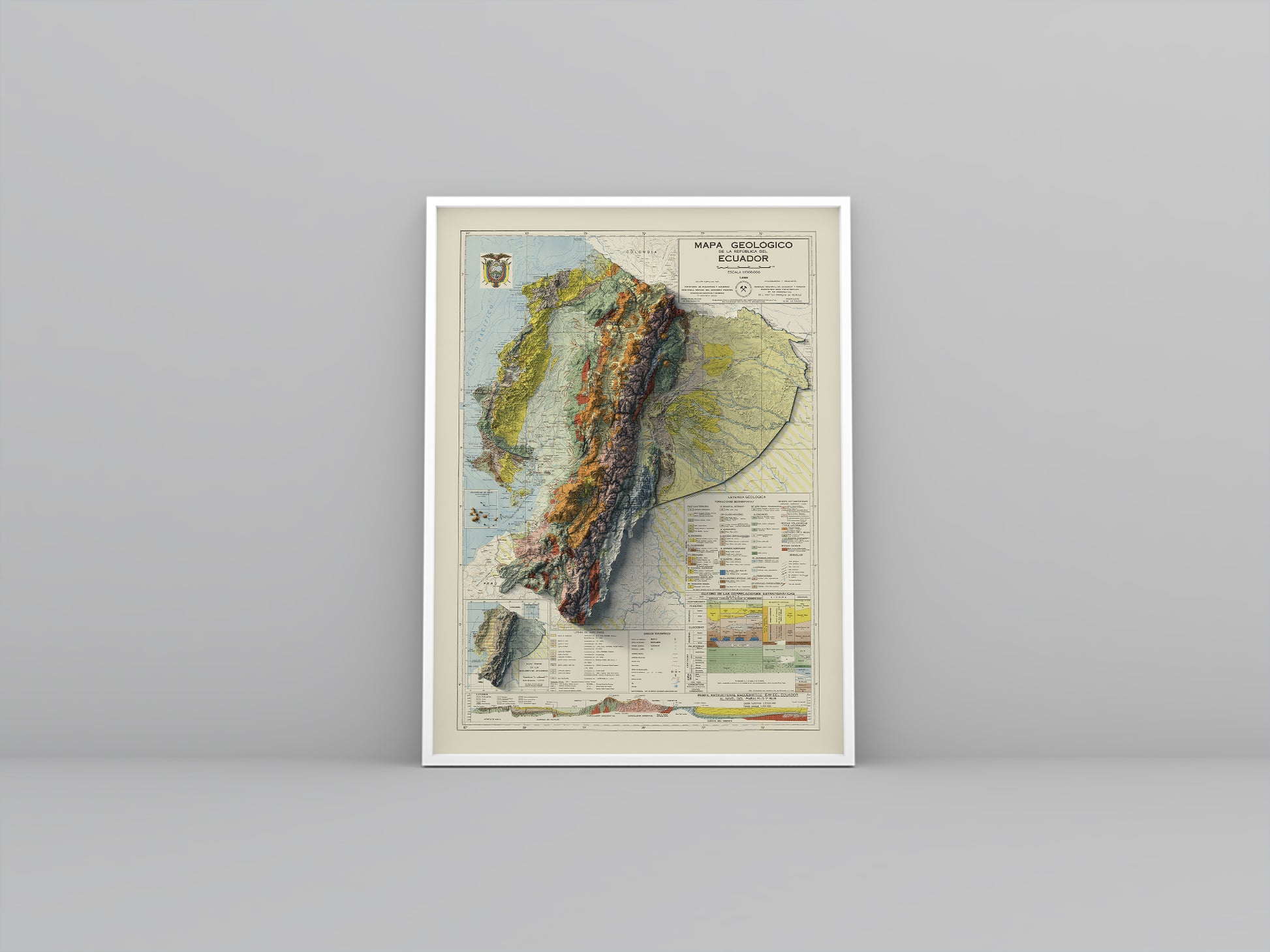 Ecuador vintage framed shaded relief map in white frame. Artistic print highlighting mountains with a realistic 3d effect