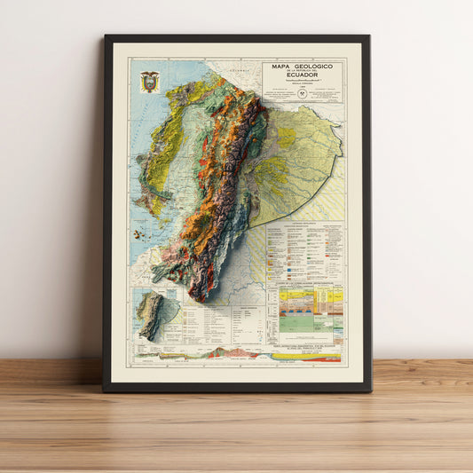 Ecuador vintage framed shaded relief map in black frame. Artistic print highlighting mountains with a realistic terrain effect