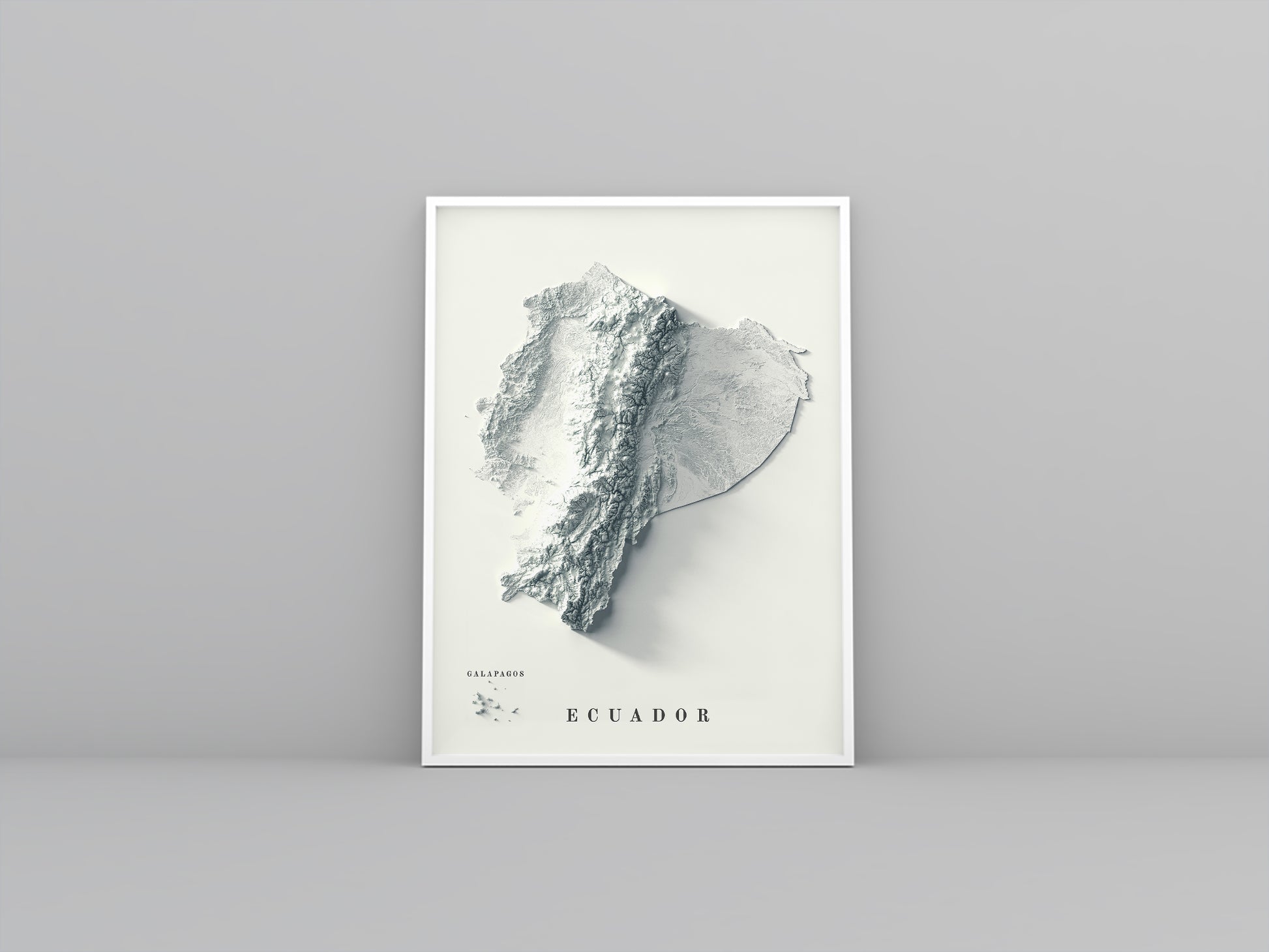 Ecuador vintage framed shaded relief map in white frame. Artistic print highlighting mountains with a realistic 3d effect