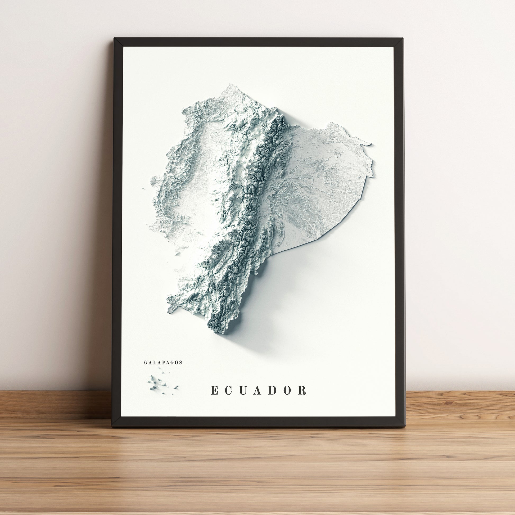 Ecuador framed shaded relief map in black frame. Artistic print highlighting mountains with a realistic terrain effect