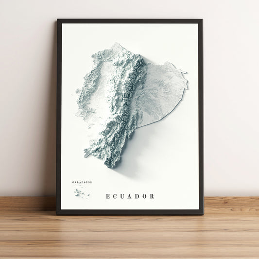 Ecuador framed shaded relief map in black frame. Artistic print highlighting mountains with a realistic terrain effect