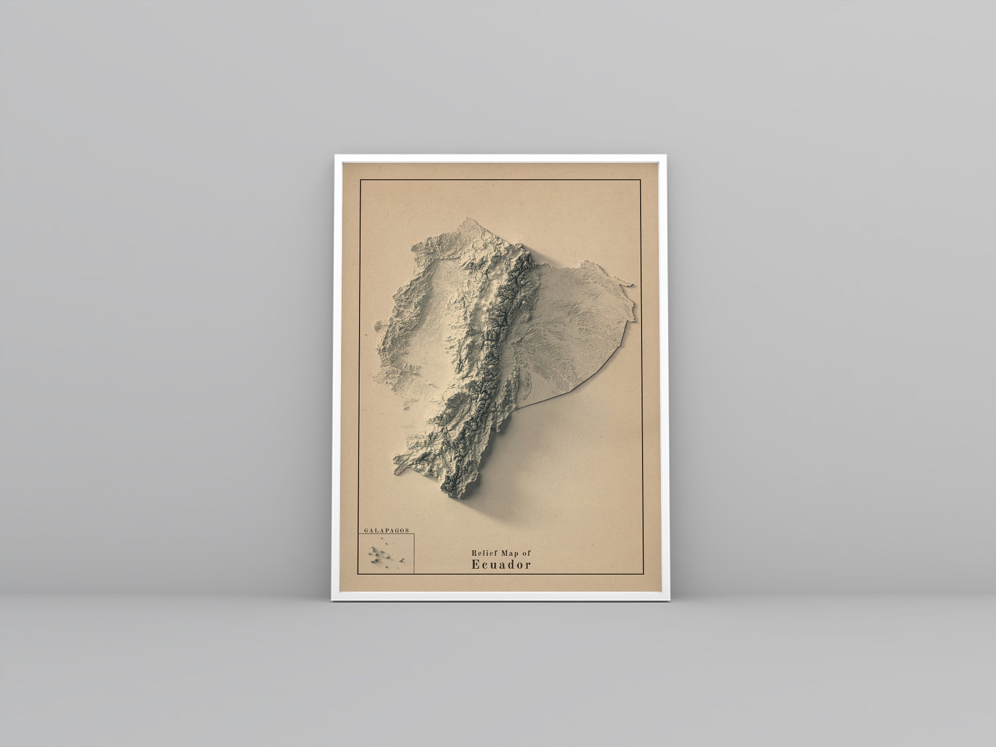 Ecuador vintage framed shaded relief map in white frame. Artistic print highlighting mountains with a realistic 3d effect