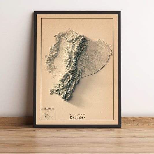 Ecuador vintage framed shaded relief map in black frame. Artistic print highlighting mountains with a realistic terrain effect