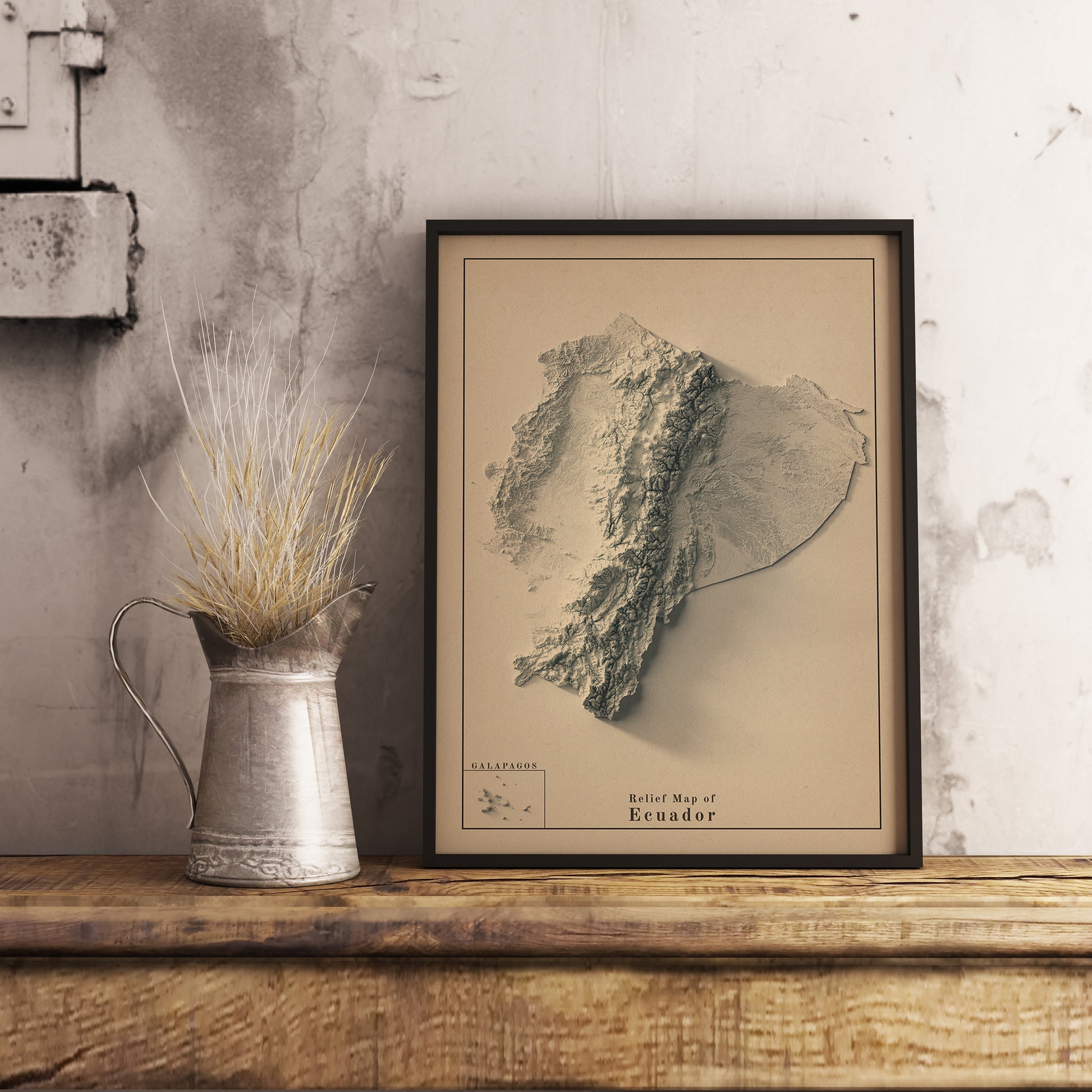 Vintage Ecuador shaded relief map in black frame. Realistic terrain art print for home decor, displayed on rustic wooden table