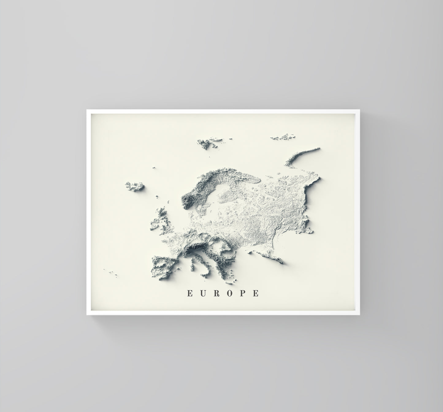 Europe vintage framed shaded relief map in white frame. Artistic print highlighting mountains with a realistic 3d effect