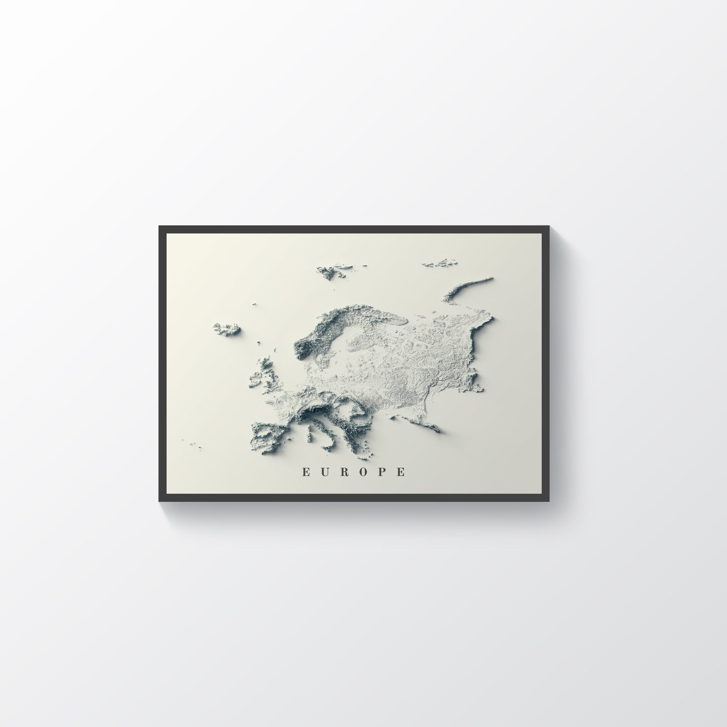 Europe vintage framed shaded relief map in black frame. Artistic print highlighting mountains with a realistic terrain effect