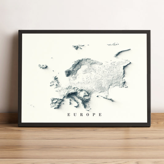 Europe framed shaded relief map in black frame. Artistic print highlighting mountains with a realistic terrain effect