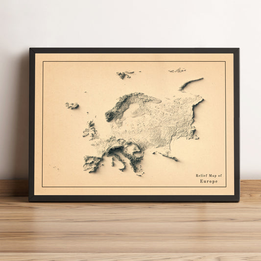Europe vintage framed shaded relief map in black frame. Artistic print highlighting mountains with a realistic terrain effect