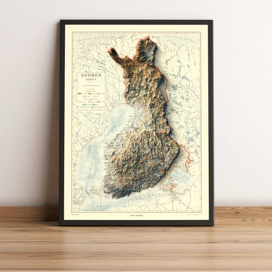 Finland vintage framed shaded relief map in black frame. Artistic print highlighting mountains with a realistic terrain effect