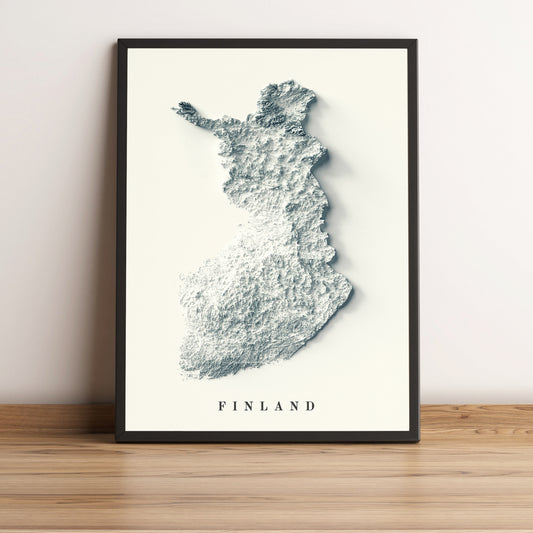 Finland vintage framed shaded relief map in black frame. Artistic print highlighting mountains with a realistic terrain effect