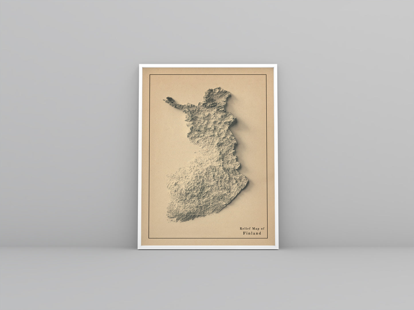 Finland vintage framed shaded relief map in white frame. Artistic print highlighting mountains with a realistic 3d effect