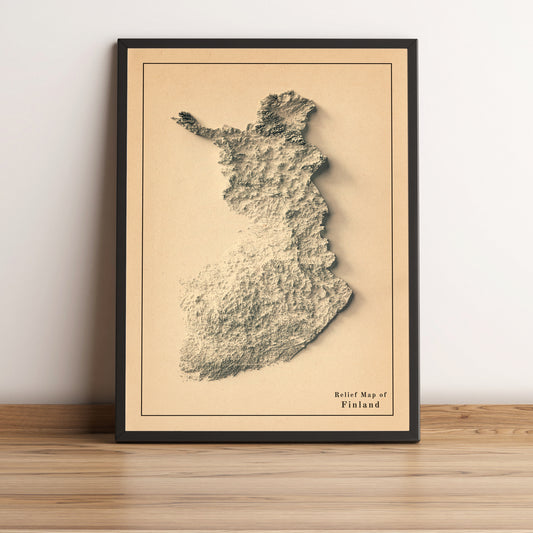 Finland vintage framed shaded relief map in black frame. Artistic print highlighting mountains with a realistic terrain effect