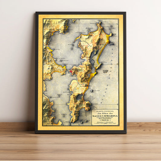 Florianopolis (Brazil) vintage framed shaded relief map in black frame. Artistic print highlighting mountains with a realistic terrain effect