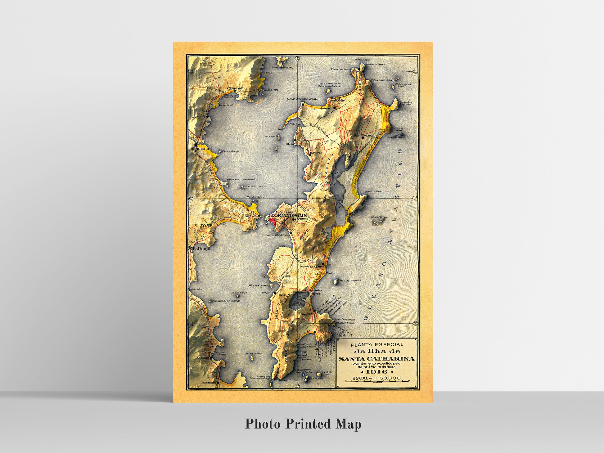 Florianopolis (Brazil) Shaded relief map print, highlighting topography. Ideal for home decor and geography lovers