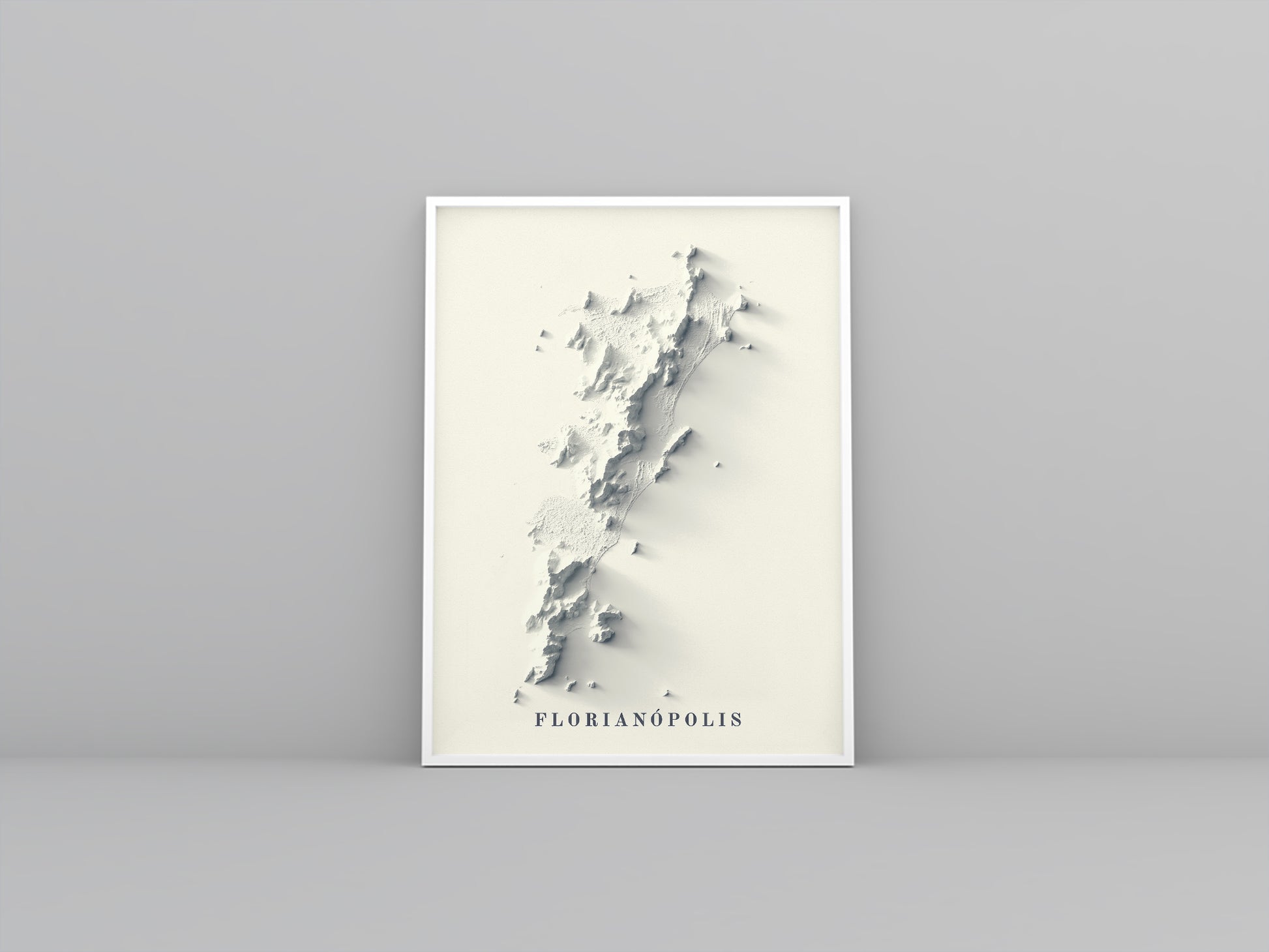 Florianopolis (Brazil) vintage framed shaded relief map in white frame. Artistic print highlighting mountains with a realistic 3d effect