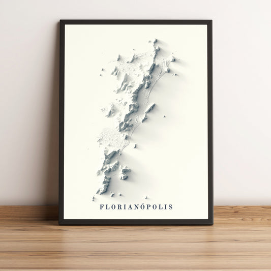 Florianopolis (Brazil) framed shaded relief map in black frame. Artistic print highlighting mountains with a realistic terrain effect