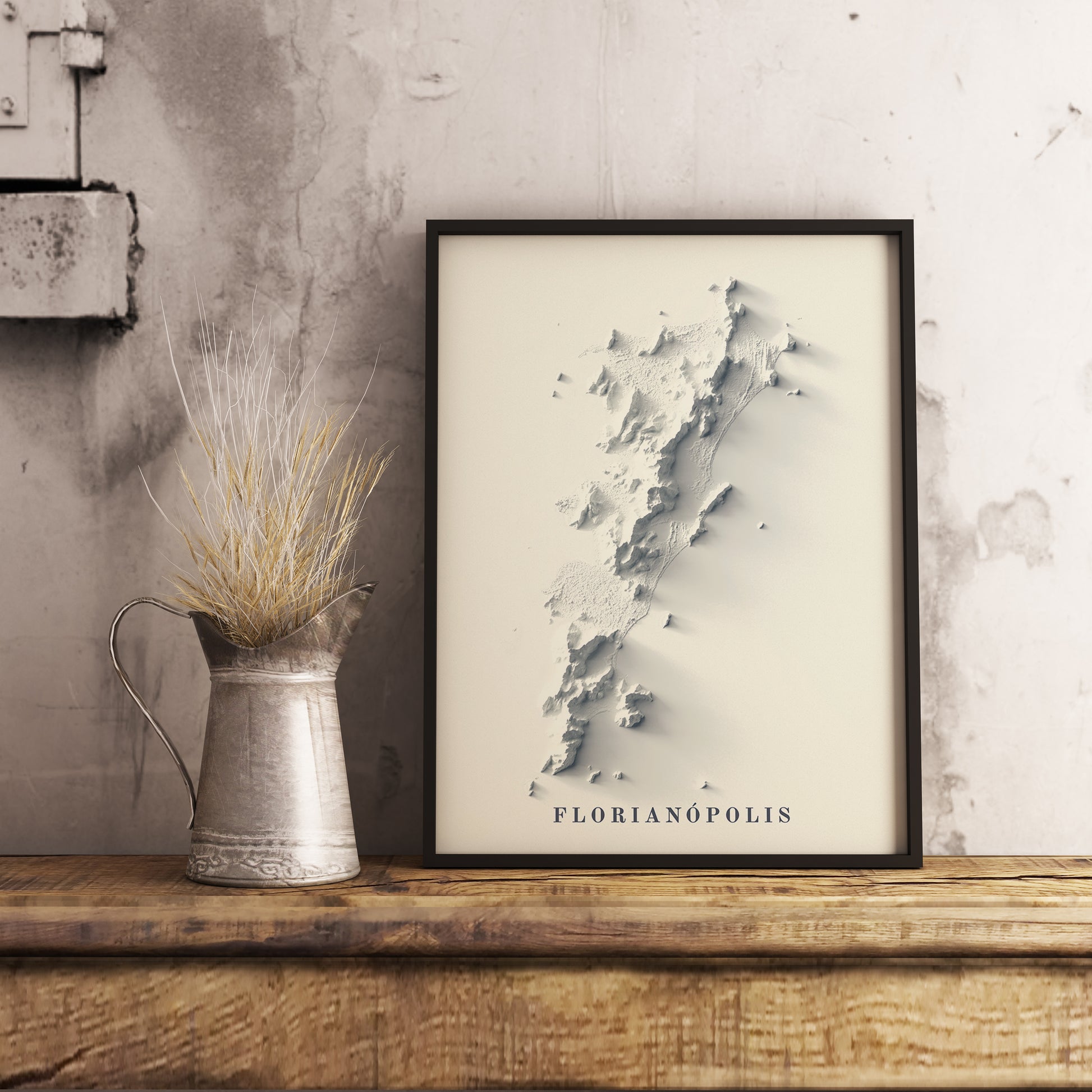 Vintage Florianopolis (Brazil) shaded relief map in black frame. Realistic terrain art print for home decor, displayed on rustic wooden table