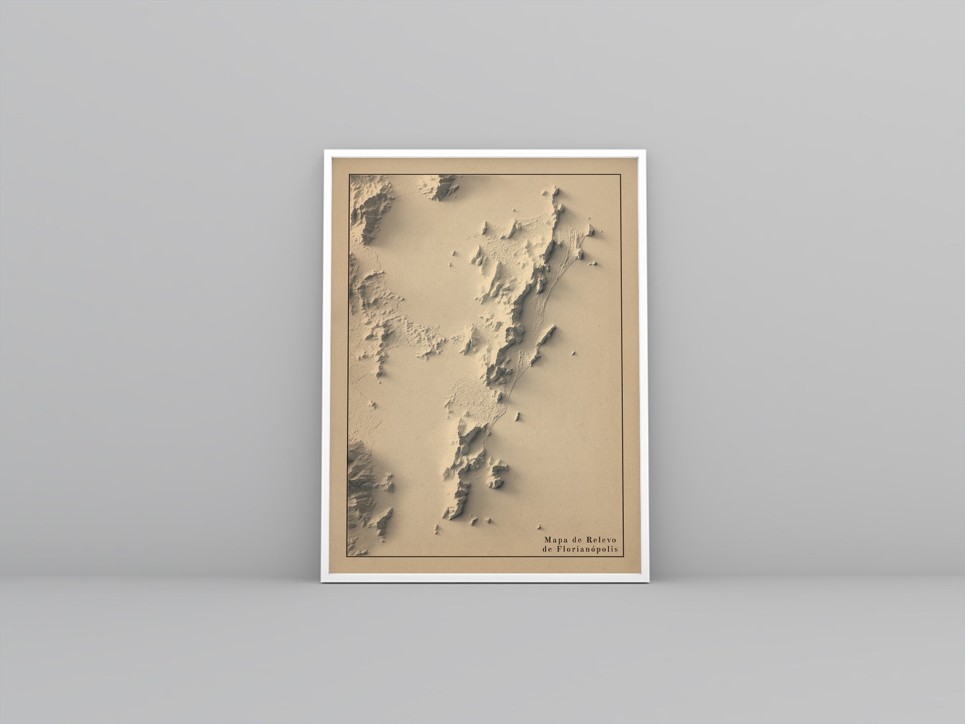 Florianopolis (Brazil) vintage framed shaded relief map in white frame. Artistic print highlighting mountains with a realistic 3d effect