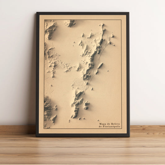 Florianopolis (Brazil) vintage framed shaded relief map in black frame. Artistic print highlighting mountains with a realistic terrain effect