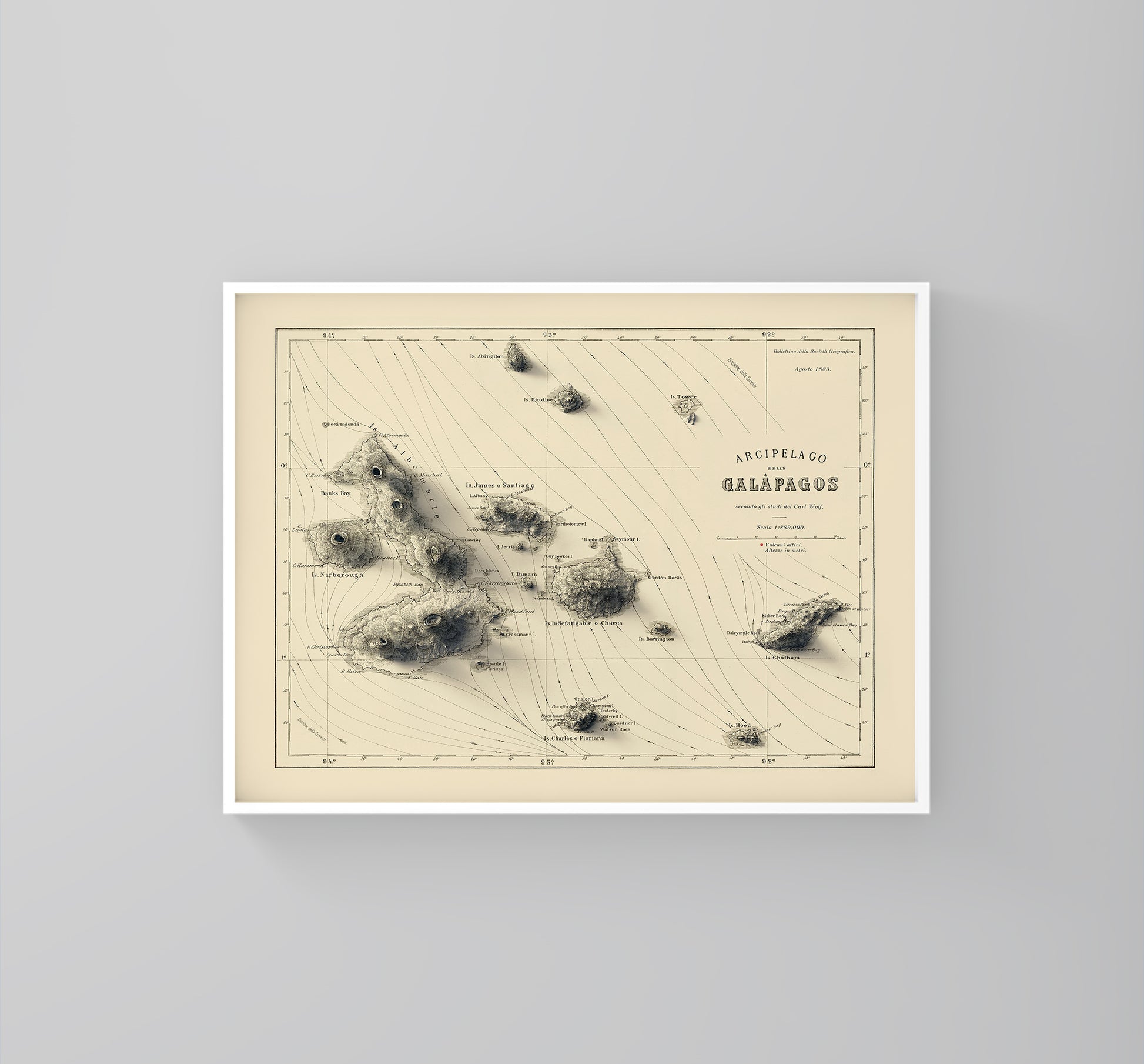 Galapagos (Ecuador) vintage framed shaded relief map in white frame. Artistic print highlighting mountains with a realistic 3d effect