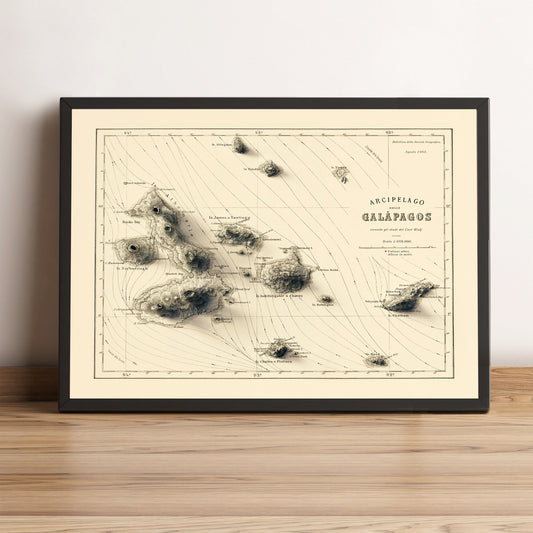 Galapagos (Ecuador) vintage framed shaded relief map in black frame. Artistic print highlighting mountains with a realistic terrain effect