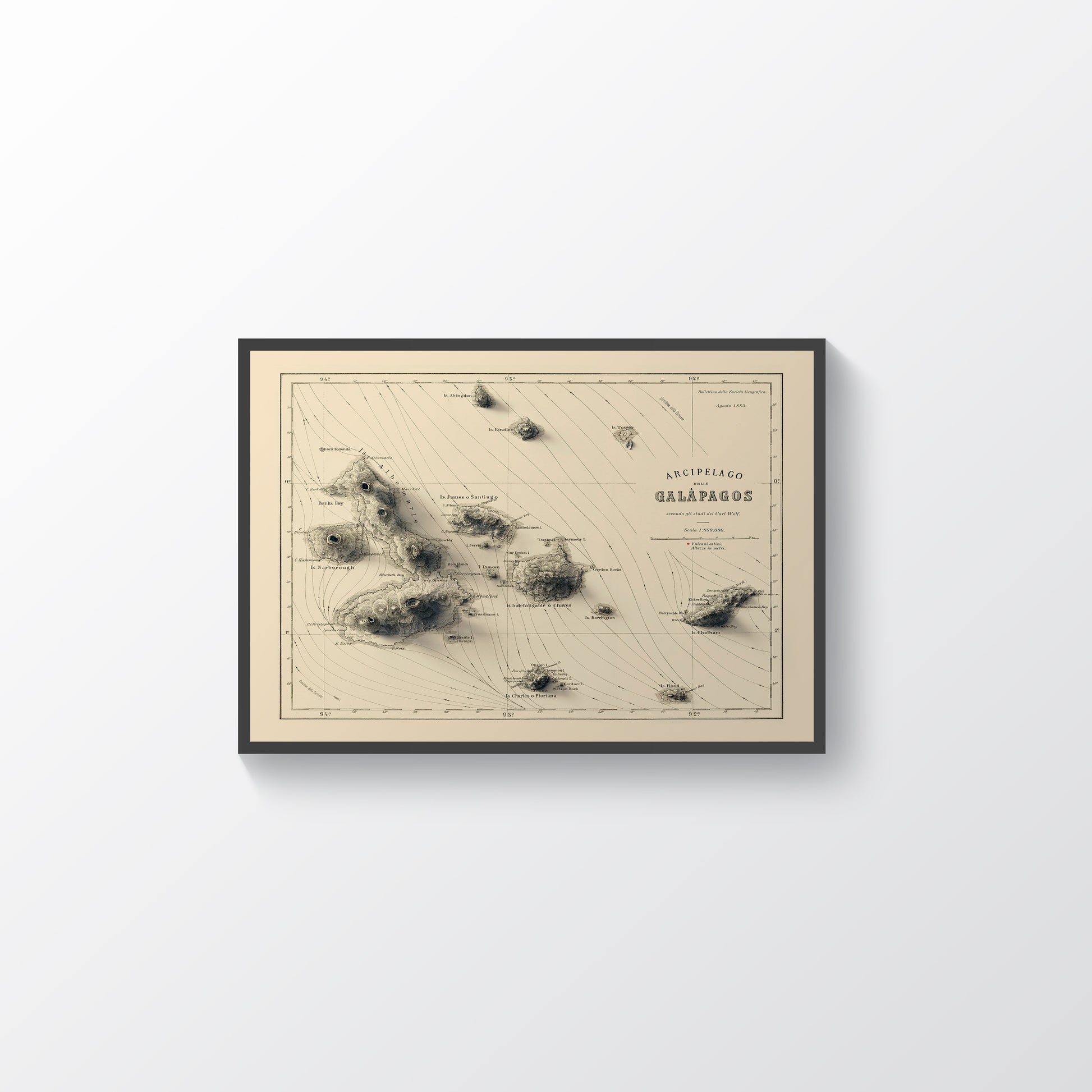 Galapagos (Ecuador) vintage framed shaded relief map in black frame. Artistic print highlighting mountains with a realistic terrain effect