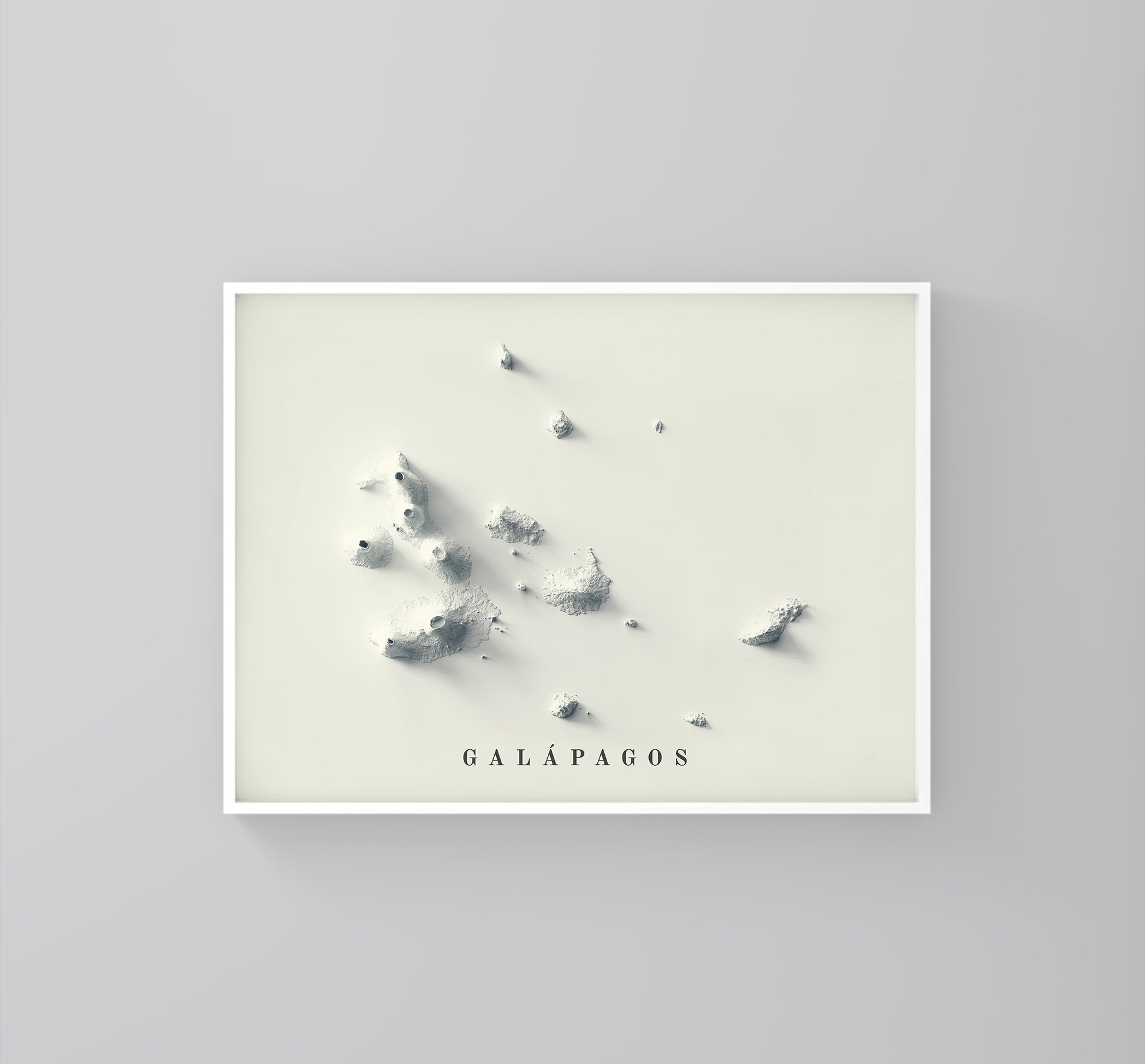Galapagos (Ecuador) vintage framed shaded relief map in white frame. Artistic print highlighting mountains with a realistic 3d effect