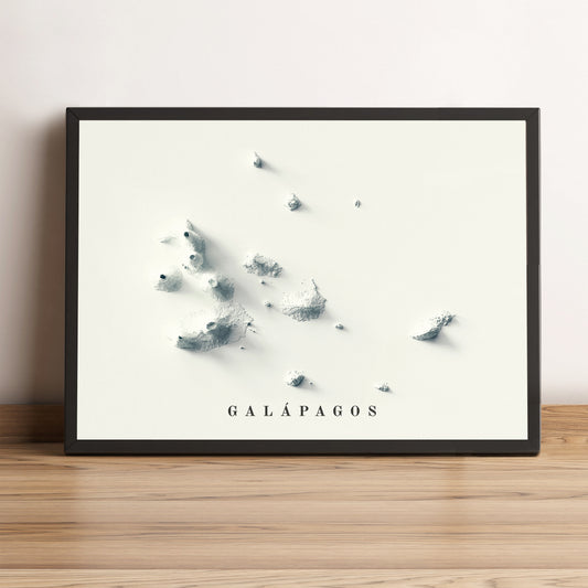 Galapagos (Ecuador) framed shaded relief map in black frame. Artistic print highlighting mountains with a realistic terrain effect