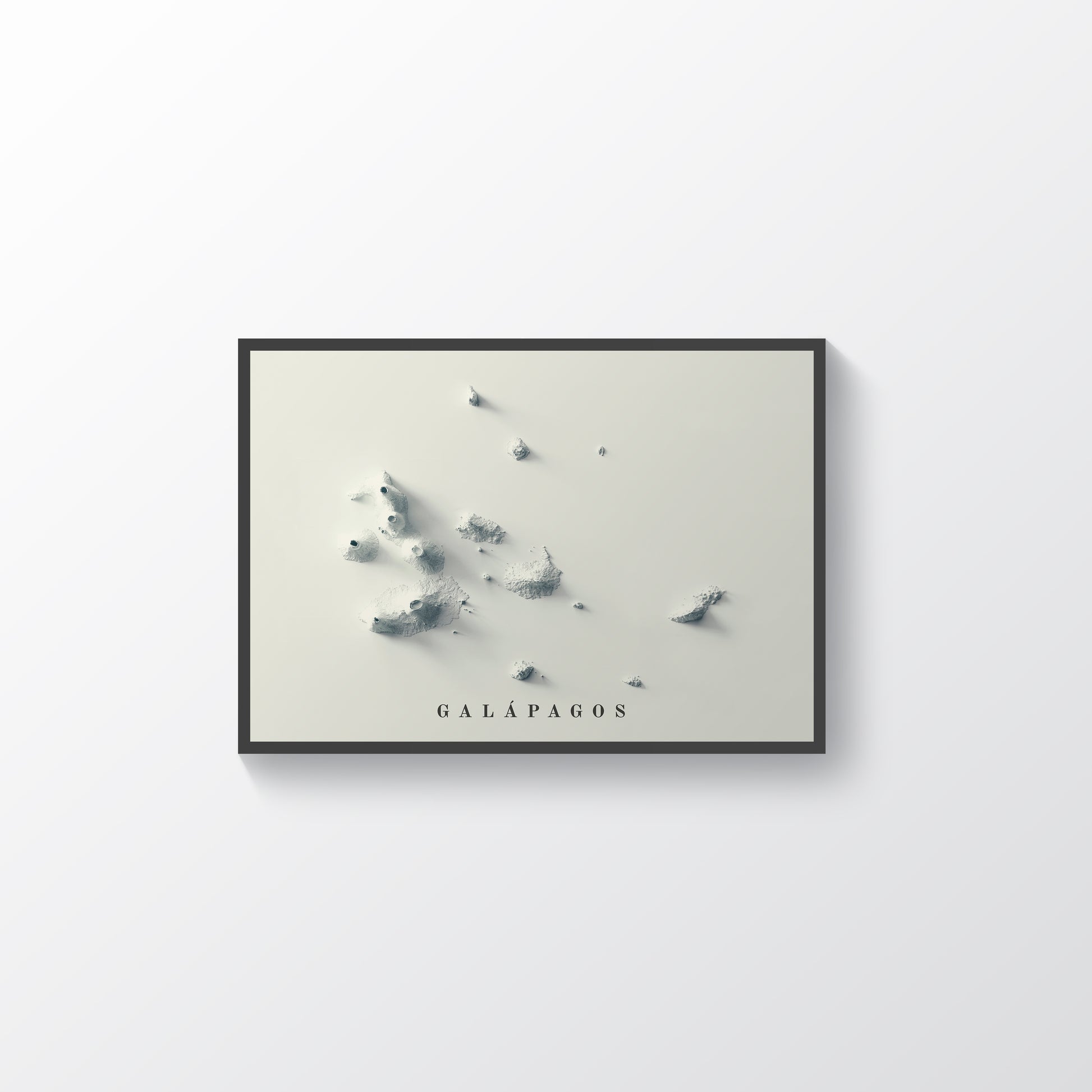 Galapagos (Ecuador) vintage framed shaded relief map in black frame. Artistic print highlighting mountains with a realistic terrain effect