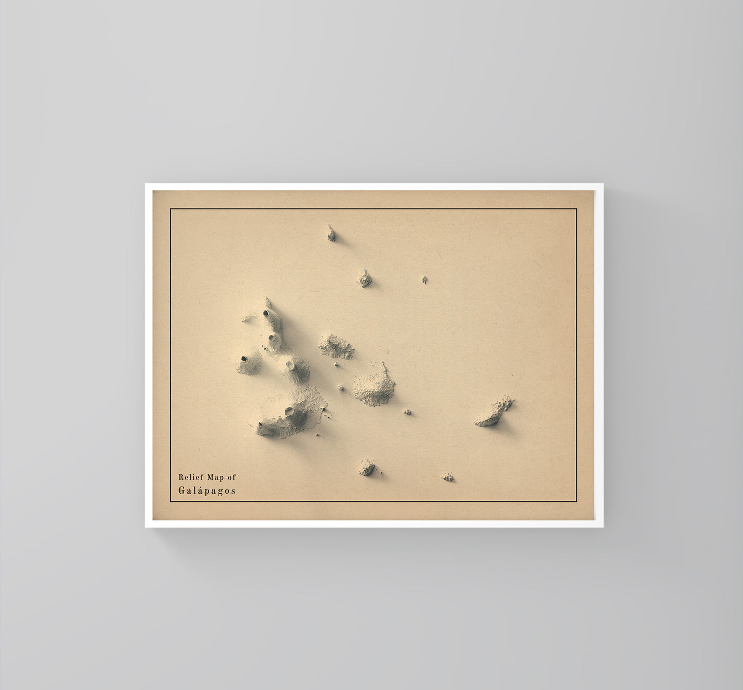 Galapagos (Ecuador) vintage framed shaded relief map in white frame. Artistic print highlighting mountains with a realistic 3d effect