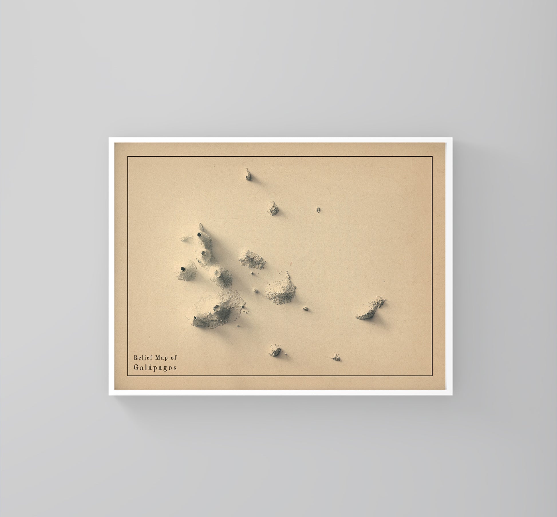 Galapagos (Ecuador) vintage framed shaded relief map in white frame. Artistic print highlighting mountains with a realistic 3d effect