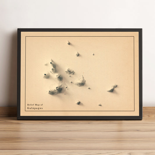 Galapagos (Ecuador) vintage framed shaded relief map in black frame. Artistic print highlighting mountains with a realistic terrain effect