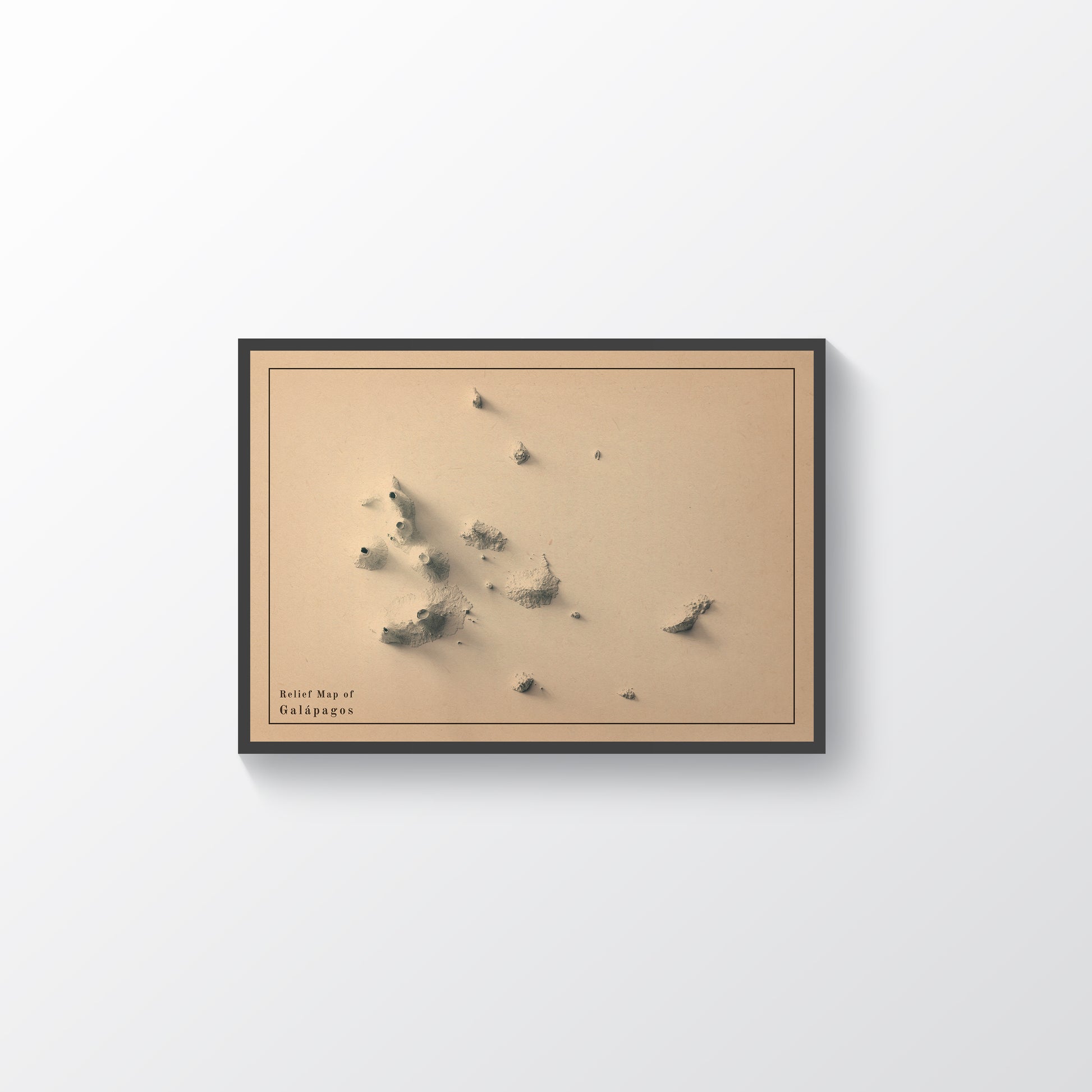 Galapagos (Ecuador) vintage framed shaded relief map in black frame. Artistic print highlighting mountains with a realistic terrain effect